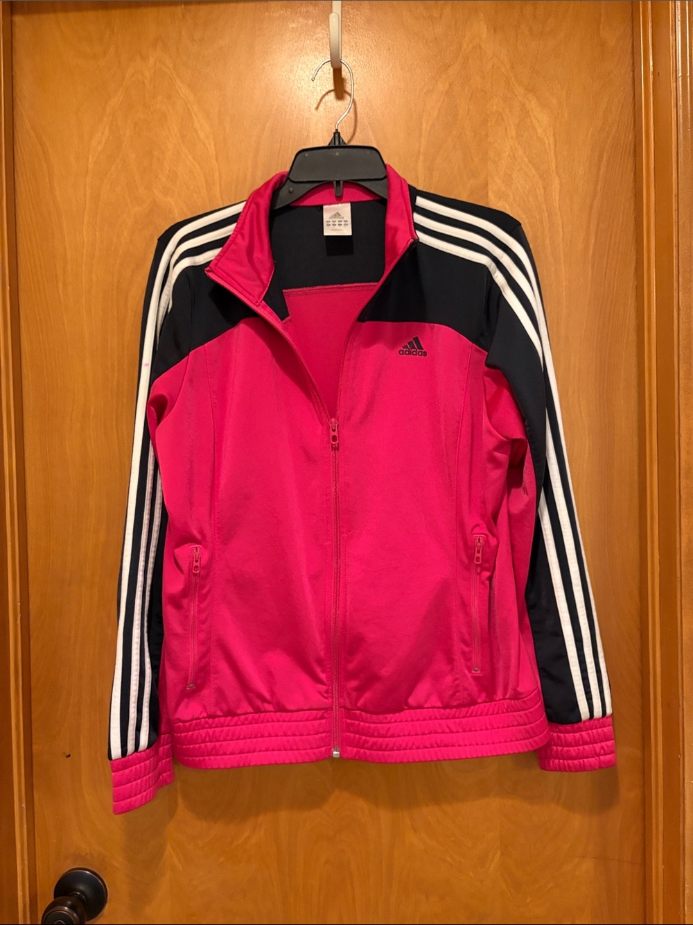 adidas Pink and Black Zip-Up Track Jacket with White Stripes